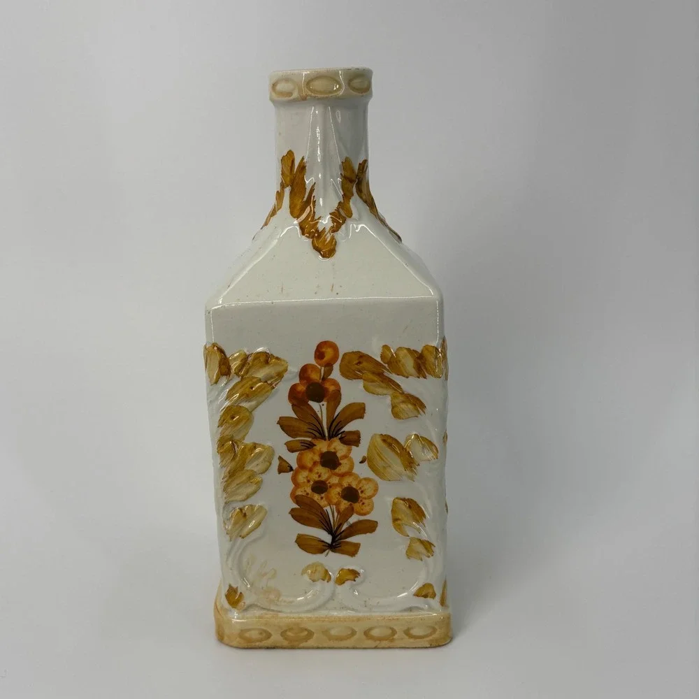 Italian Ceramic Bottle Vase Embossed Floral Design Vintage Hand-Painted Decanter